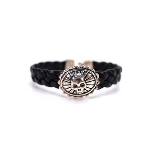 King Baby Small Skull Black Braided Leather Bracelet Hook Clasp .925 USA